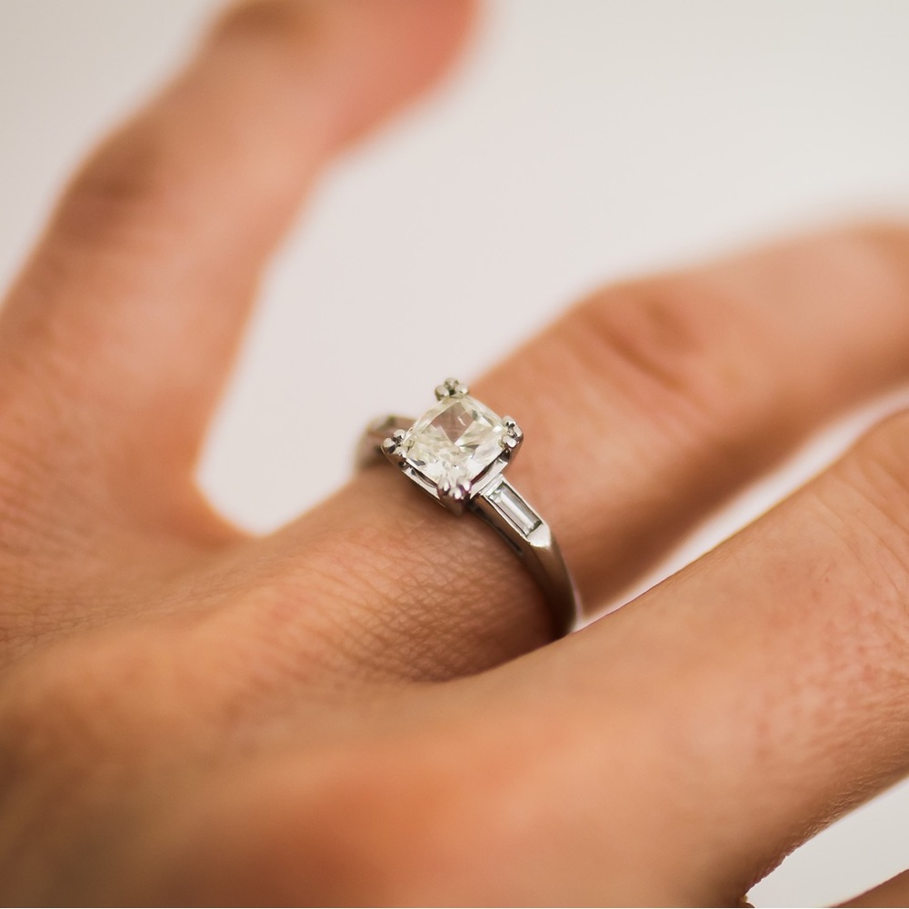 Cushion cut diamond platinum engagement ring vintage 5.5